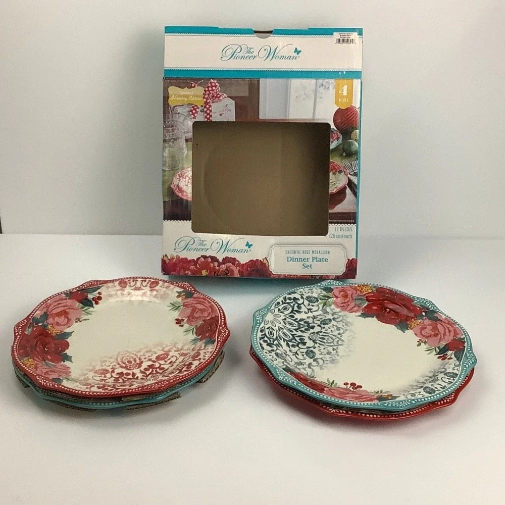 Pioneer Woman Cheerful Rose Medallion Dinner Plate Set 4pc Holiday Edition 11in
